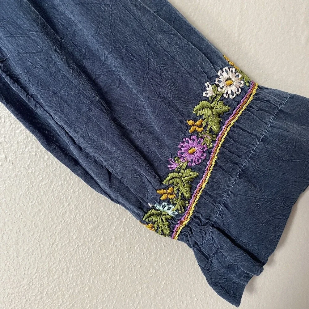 Johnny Was Navy Embroidered Dress Long Sleeve V‎ Neck Women's Size XS
